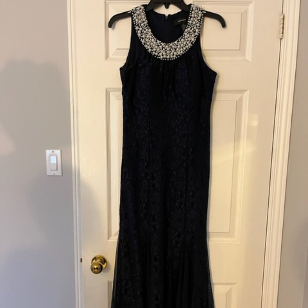 Navy blue floor length dress. Size 12. Beadwork at neck. Lace overlay.